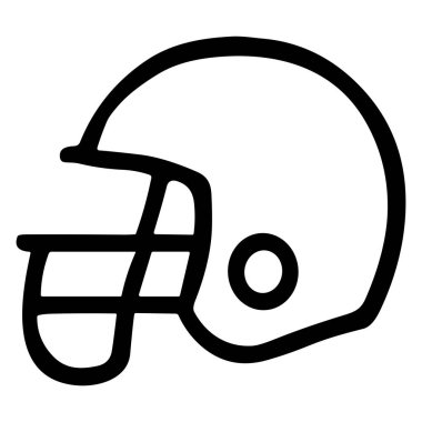 Amerikan futbol kaskının minimalist siyah beyaz vektör çizimi. Bu basit çizgi çizim ikonu spor ve güvenliği temsil eden cesur bir dış hat, yüz maskesi ve kulak deliği içerir..