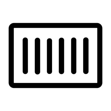 Altı eşit aralıklı dikey çizgi içeren yuvarlak köşeli bir dikdörtgen içeren siyah ve beyaz bir ikon. Lojistik, nakliye veya ürün tanımlaması için minimalist bir sembol.