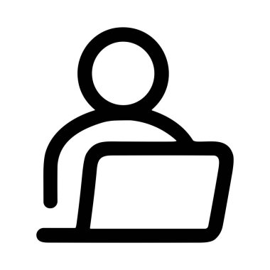 Dizüstü bilgisayarlı bir kullanıcıyı tasvir eden basit bir siyah taslak simgesi. Bu vektör grafiği beyaz bir arkaplanda izole edilmiştir ve web tasarımı, kullanıcı profilleri ve teknolojiyle ilgili kavramlar için uygundur..