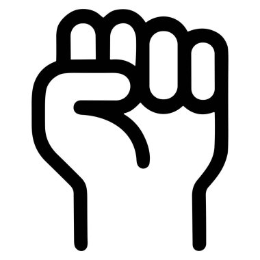 Kaldırılmış yumruğun minimalist vektör grafiği. Bu güçlü sembol protesto, dayanışma, devrim, güç ve direnişi temsil ediyor. Beyaz bir arkaplanda izole edilmiş.