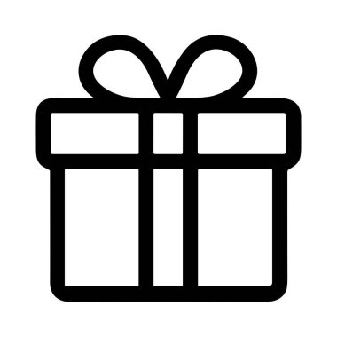 Üzerinde kurdele ve fiyonk olan bir hediye kutusunun siyah beyaz simgesi. Bu minimalist grafik bir hediyeyi, sürprizi ya da kutlamayı temsil ediyor..