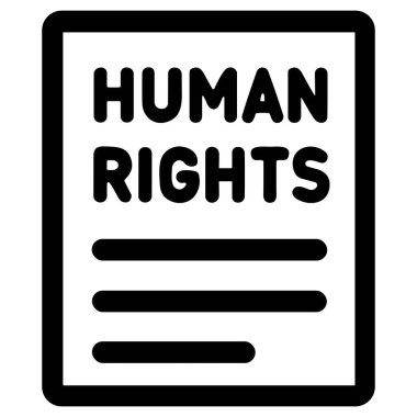 A minimalist black and white icon of a document titled Human Rights. This vector graphic symbolizes justice, equality, law, and fundamental freedoms for all people.
