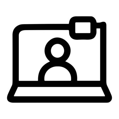 Ekranda kullanıcı profili veya kişi silueti olan bir dizüstü bilgisayarın minimalist siyah çizgi simgesi ve eklenmiş bir web kamerası, video konferansı veya çevrimiçi sohbet simgesi.