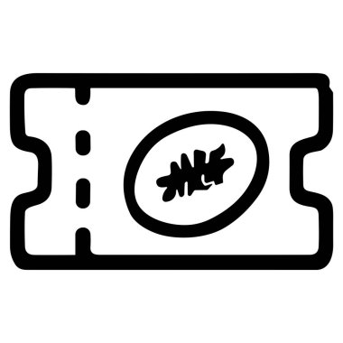 Bir ragbi maçı için minimalist siyah beyaz çizgili bilet. Simgede, ortasında rugby topu amblemi bulunan klasik bir bilet şekli yer alıyor ve bu da bir spor müsabakasına katılmayı simgeliyor..