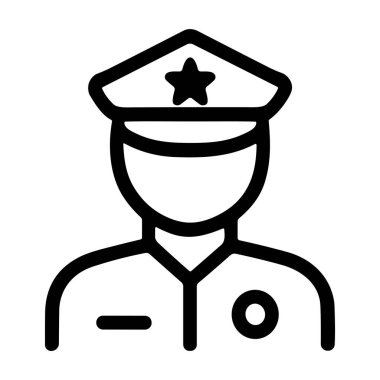 Üniformalı bir polis memurunu tasvir eden minimalist bir çizgi ikonu. Tasarımda yıldızlı bir şapka, basit bir büst ve göğsünde beyaz bir arkaplanda izole edilmiş bir rozet var..