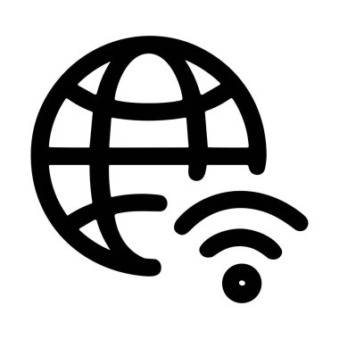 Küresel internet erişimini ve kablosuz bağlantıyı temsil eden basit bir siyah çizgi simgesi. Bu vektör grafiği, dünya çapındaki ağ iletişimini sembolize eden bir küresel ve wifi sinyalini birleştirir..