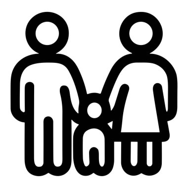 Bir ailenin minimalist grafik çizimi. İkonda bir erkek, bir kadın ve küçük bir çocuk el ele tutuşuyor, birlik, sevgi ve ebeveynliği simgeliyor. Beyaz bir arkaplanda izole edilmiş.