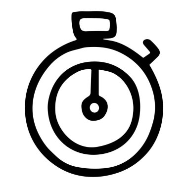 Klasik bir kronometrenin minimalist siyah beyaz karalaması. Bu basit çizgi resim simgesi tasarım için beyaz bir arkaplan üzerinde izole edilmiş zaman, hız ve teslim tarihlerini temsil eder..
