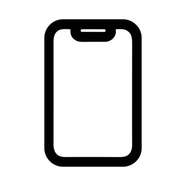 Modern bir akıllı telefonun basit bir siyah taslak simgesi. Bu minimalist vektör grafiği yuvarlak köşeler, birinci sınıf bir çentik ve beyaz arka planda izole edilmiş, mobil teknolojiyi temsil eden boş bir ekran içerir..