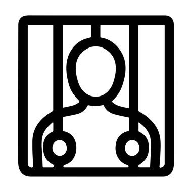 Hapishane parmaklıklarının arkasında stilize edilmiş bir insan figürünü tasvir eden siyah beyaz çizgili bir sanat simgesi. Bu basit vektör grafiği hapis, suç ve adaleti simgeliyor..