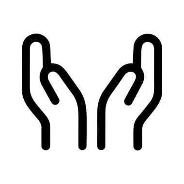 İki açık, kavrulmuş elin basit, koyu siyah bir taslak simgesi. Sembol yardım, destek, yardım, dua ve kabul gibi kavramları temsil eder. Beyaz bir arkaplanda izole edilmiş.