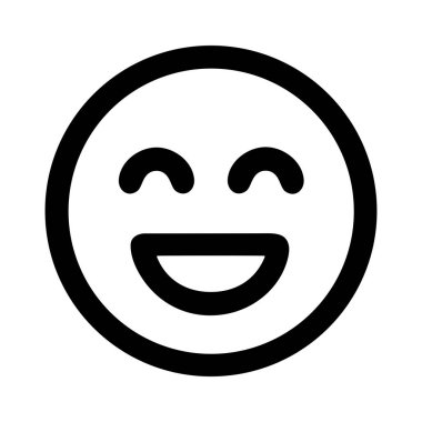 Neşeli bir emojinin basit bir siyah beyaz vektör grafiği. Bu minimalist ikon, mutlu kapalı gözleri ve geniş açık bir gülümsemesi olan, pozitiflik ve memnuniyeti ifade eden yuvarlak bir yüze sahip..