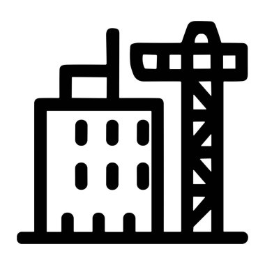 Minimalist bir vektör grafiği, çok katlı bir bina ve vinçle bir inşaat alanını gösteriyor. Bu simge kalkınma, mimari, gayrimenkul ve sanayiyi sembolize eder.