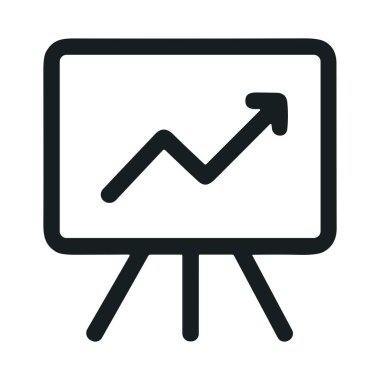 Bir tripodun üzerinde sunum tahtası gösteren minimalist siyah çizgi simgesi. Tahta yukarı doğru bir ok ile bir çizgi grafiği gösteriyor, büyümeyi, başarıyı ve ilerlemeyi simgeliyor.