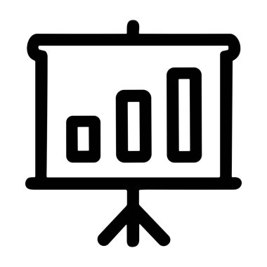 Bir tripod standındaki projektör ekranının minimalist siyah ana hatlı simgesi. Ekranda yükselen çubuklu bir çubuk grafiği, finansal büyümeyi veya başarılı bir iş sunumunu temsil eder.