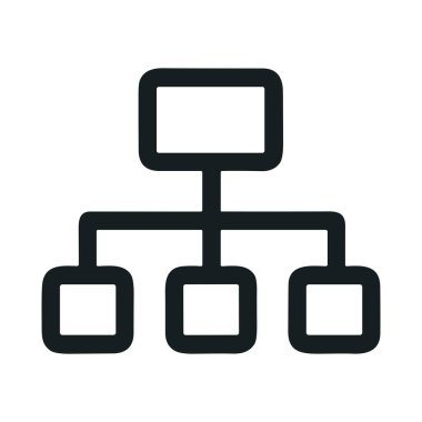 Bir akış şeması ya da sitemap tasvir eden bir minimalist çizgi sanat ikonu. İş ve teknoloji kavramları için hiyerarşik bir yapı, iş akışı veya organizasyonel bir ağı betimler..