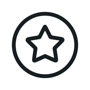 Çember içinde beş köşeli bir yıldızın temiz ve modern çizgi simgesi. Bu basit grafik favorileri, reytingleri, kaliteyi veya başarıları temsil ediyor. Beyaz bir arkaplanda izole edilmiş.