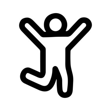 Şekil değiştirmiş bir insan figürünün minimalist siyah beyaz çizgi ikonu. Kutlama için kollarını kaldıran kişi mutluluk, başarı ve heyecan taşır..