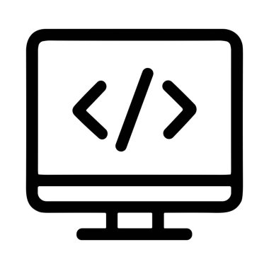 Bir bilgisayar monitörünü kodlama ya da programlama sembolü ile gösteren minimalist siyah çizgi sanat simgesi. Yazılım geliştirme, web tasarımı ve teknolojiyi temsil ediyor. Beyaz bir arkaplanda izole edilmiş.