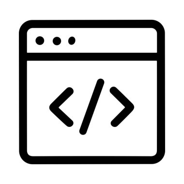 Minimalist bir siyah çizgi ikonu programlamayı ya da web gelişimini temsil ediyor. Beyaz arkaplanda izole edilmiş kod parantezleri olan basit bir uygulama penceresi içerir.