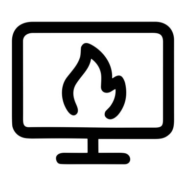 Alev sembollü bir bilgisayar monitörünün basit siyah beyaz çizgi simgesi. Güvenlik duvarı, güvenlik, uyarı veya internetteki trend içeriği temsil eder. İzole vektör grafiği.