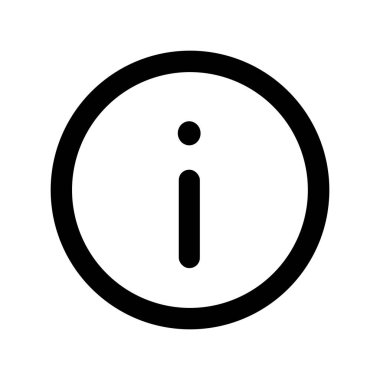 Minimalist siyah-beyaz vektör grafiği. Küçük harfli i harfi daire içinde. Bu evrensel sembol bilgi, yardım ve detayları temsil eder..