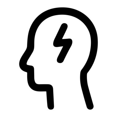 Minimalist bir siyah çizgi ikonu içinde yıldırım olan bir insan kafası profilini gösteriyor. Beyin fırtınası, ilham, yaratıcılık, baş ağrısı veya zihinsel gücü temsil eder.