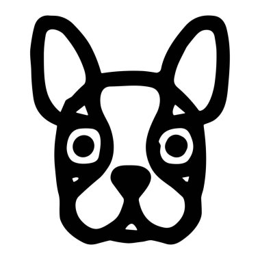 Fransız Bulldog suratının basit siyah beyaz çizgili sanat simgesi. Bu minimalist vektör grafiği logolar, hayvanlarla ilgili tasarımlar ve markalaşma için mükemmeldir..