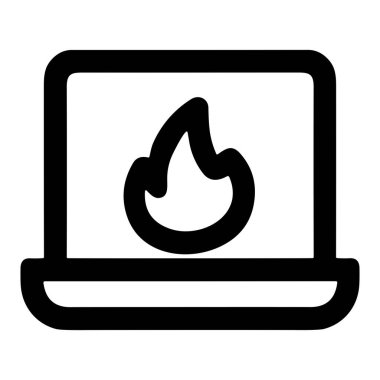 Ekranında alev sembolü olan bir dizüstü bilgisayarın minimalist çizgi sanat simgesi. Bu vektör grafiği güvenlik duvarı, çevrimiçi güvenlik, sıcak anlaşmalar veya yüksek performans gibi kavramları temsil eder.