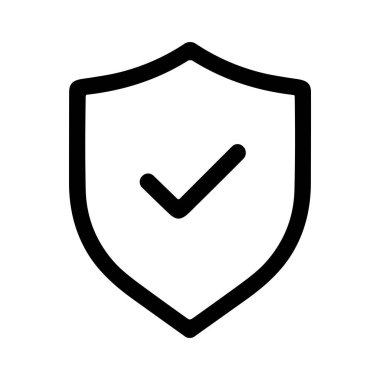 İçinde işaret olan bir kalkanın minimalist çizgi sanat simgesi. Bu sembol güvenlik, koruma, güvenlik, doğrulama ve güveni temsil ediyor. Beyaz bir arkaplanda izole edilmiş.