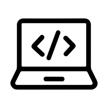 Dizüstü bilgisayarın minimalist siyah beyaz çizgi simgesi. Ekranda klasik daha az, /, sembollerden daha büyük, programlamayı, web geliştirmeyi ve HTML kodunu temsil eden.