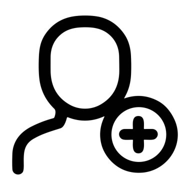 Yeni bir kullanıcı, arkadaş veya kişi eklemeyi temsil eden bir minimalist siyah ana hatlı simge. Sembol, web ve uygulama arayüzleri için ideal olan artı işaretinin yanında bir kişi siluetini gösterir.