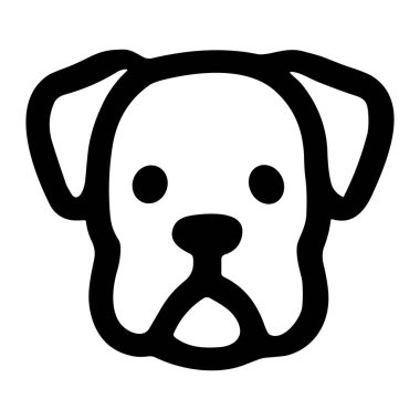 Bir köpeğin kafasının temiz, cesur, siyah ve beyaz vektör çizimi. Bu basit grafik simgesi, beyaz arka planda izole edilmiş yuvarlak gözlü, burunlu ve sarkık kulaklı bir köpek yüzüne sahiptir..