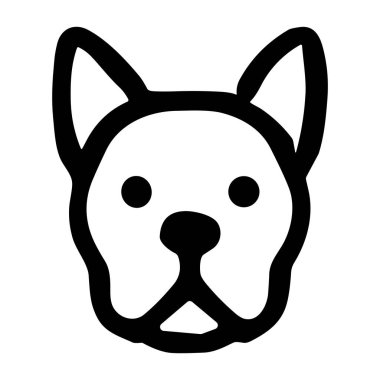 Fransız Bulldoglarının yüzünün minimalist siyah beyaz vektör çizimi. Bu basit çizim köpeklerin karakteristik sivri kulaklarını ve şirin ifadesini gösteriyor..