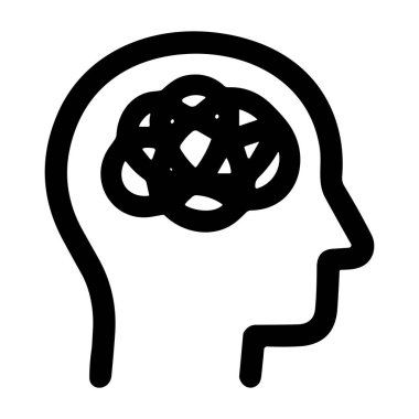 Zihinsel karmaşayı, kafa karışıklığını, gerginliği, stresi ve karmaşık düşünce süreçlerini sembolize eden karmaşık düğümlü bir insan kafasının basit bir simgesi..