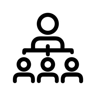 Üç çalışandan oluşan bir ekibe bağlı bir yönetici veya liderle kurumsal hiyerarşiyi tasvir eden minimalist bir çizgi sanat ikonu. Yönetim, liderlik ve takım çalışmasını sembolize eder.