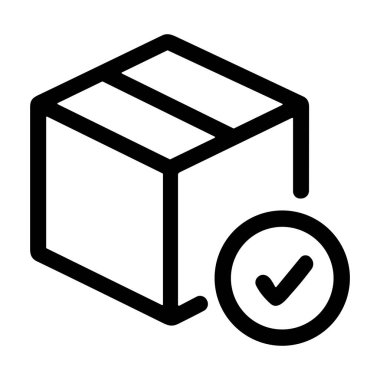 Onaylanmış bir emri, başarılı bir teslimatı ya da onaylanmış bir paketi sembolize eden dairesel işaretli bir nakliye kutusunun basit bir çizgi resim simgesi. Beyaz bir arkaplanda izole edilmiş.