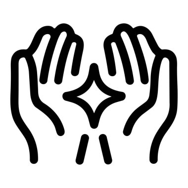 Parlayan bir yıldızla iki açık el tasvir eden, sihri, temizliği ya da değerli bir hediyeyi sembolize eden minimalist bir siyah-beyaz vektör ikonu..