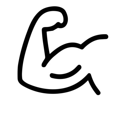 Minimalist ve koyu siyah çizgili bir insan kolu kaslarını esnetiyor. Bu basit simge, beyaz bir arkaplanda izole edilmiş güç, güç ve uygunluğu temsil eder..