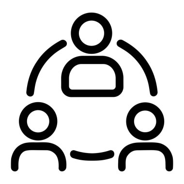 Birbirine bağlı üç soyut insan figürünü tasvir eden, işbirliği, yönetim ve sosyal ağları sembolize eden bir minimalist siyah-beyaz vektör simgesi.