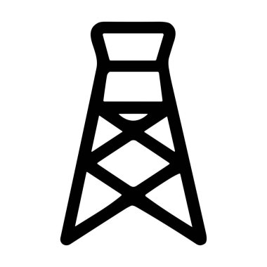 Sanayi kulesinin basit bir siyah beyaz çizgi simgesi. Bu minimalist vektör grafiği bir petrol kuyusu, gözetleme kulesi ya da gözlem noktasını temsil edebilir..