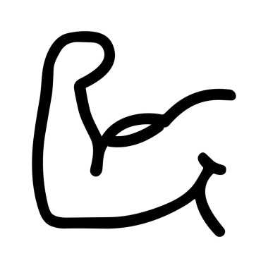Bir insan kolunun kaslarını esnetirken çizdiği basit bir siyah beyaz çizgi. Bu minimalist simge, beyaz bir arka planda izole edilmiş gücü, gücü, uygunluğu ve vücut geliştirmeyi temsil eder..