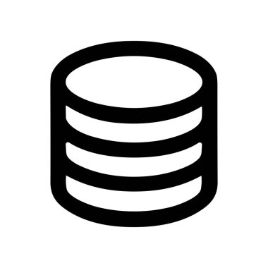 Bir veritabanı veya sunucu depolama sembolü tasvir eden basit ve koyu siyah çizgi simgesi. Bu minimalist grafik, temiz beyaz arka planda veri, bilgi, sunucu veya bir yığın madeni parayı temsil eder..