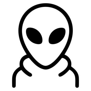 Klasik bir dünya dışı varlık tasvir eden minimalist bir siyah taslak ikonu. Grafikte büyük bir oval baş, büyük badem şeklinde gözler ve omuzların basit bir temsili yer alıyor..