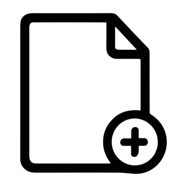 Kullanıcı arayüzü için yeni bir dosya oluşturulmasını veya eklenmesini sembolize eden, kıvrımlı köşeli ve dairesel artı düğmeli bir sayfa gösteren minimalist bir vektör simgesi.