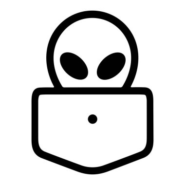 Basit bir siyah-beyaz çizgili sanat simgesi, gömlek cebinden dışarı bakan büyük gözlü, klasik gri bir uzaylıyı gösteriyor. Minimalist ve modern grafik tasarımı.