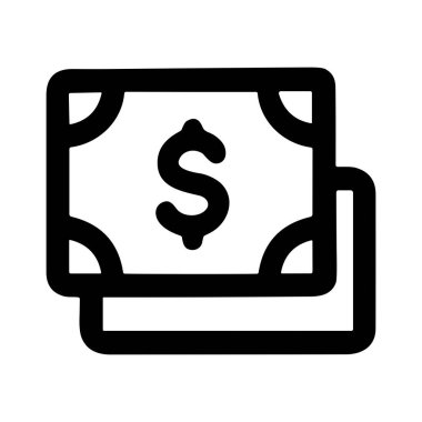 Merkezinde bir dolar sembolü olan iki banknottan oluşan basit bir siyah taslak simgesi. Beyaz bir arka planda izole edilmiş. Finans, para ve ödemeyi temsil eder.