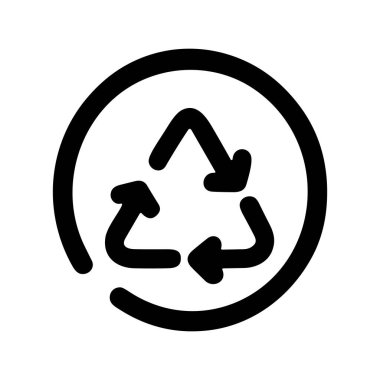 Evrensel geri dönüşüm sembolünün minimalist siyah beyaz vektör çizimi. El çizimi simgesi, sürdürülebilirliği ve çevresel bakımı temsil eden çemberin içinde üç ok içerir..