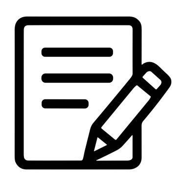 Metin satırları ve kurşun kalemle yazılmış, yazıyı, kurguyu, not almayı ya da kontratı imzalamayı sembolize eden minimalist bir siyah taslak simgesi. Beyaz bir arkaplanda izole edilmiş.