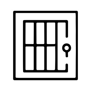 Hücre kapısının minimalist vektör grafiği. Bu satır sanat simgesi güçlü çubuklar ve bir anahtar deliği içeriyor, hapsedilmeyi, güvenliği ve hapsedilmeyi simgeliyor.